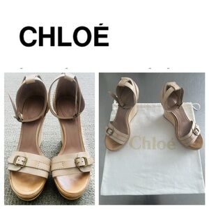 CHLOE Women's Cream Shirley Wood Platform Sandals & Dust Bag